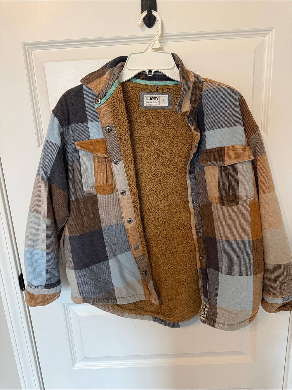jetty Sherpa-Lined Plaid Shirt Jacket in Brown & Blue